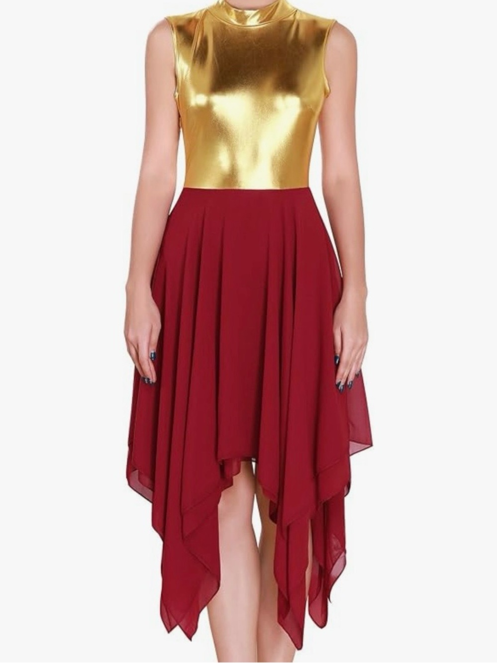 New with tags ODASDO women’s lyrical dance dress, dark, red and gold, size small